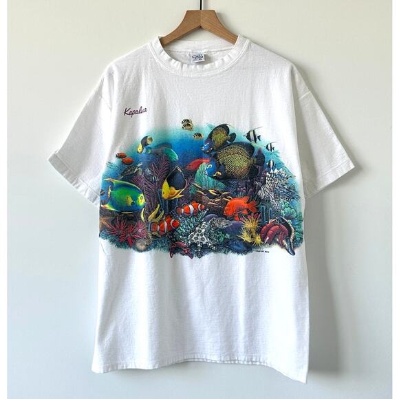 Vintage 1990s Cal Cru Aquarium Fish Ocean Print Habitat Graphic Tee XL - Picture 1 of 9